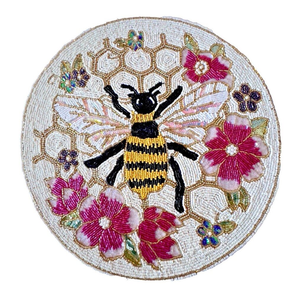 BEADED 15” Placemat CHARGER Bee & Flowers Edens Woods Honey Bumblebee EXQUISITE